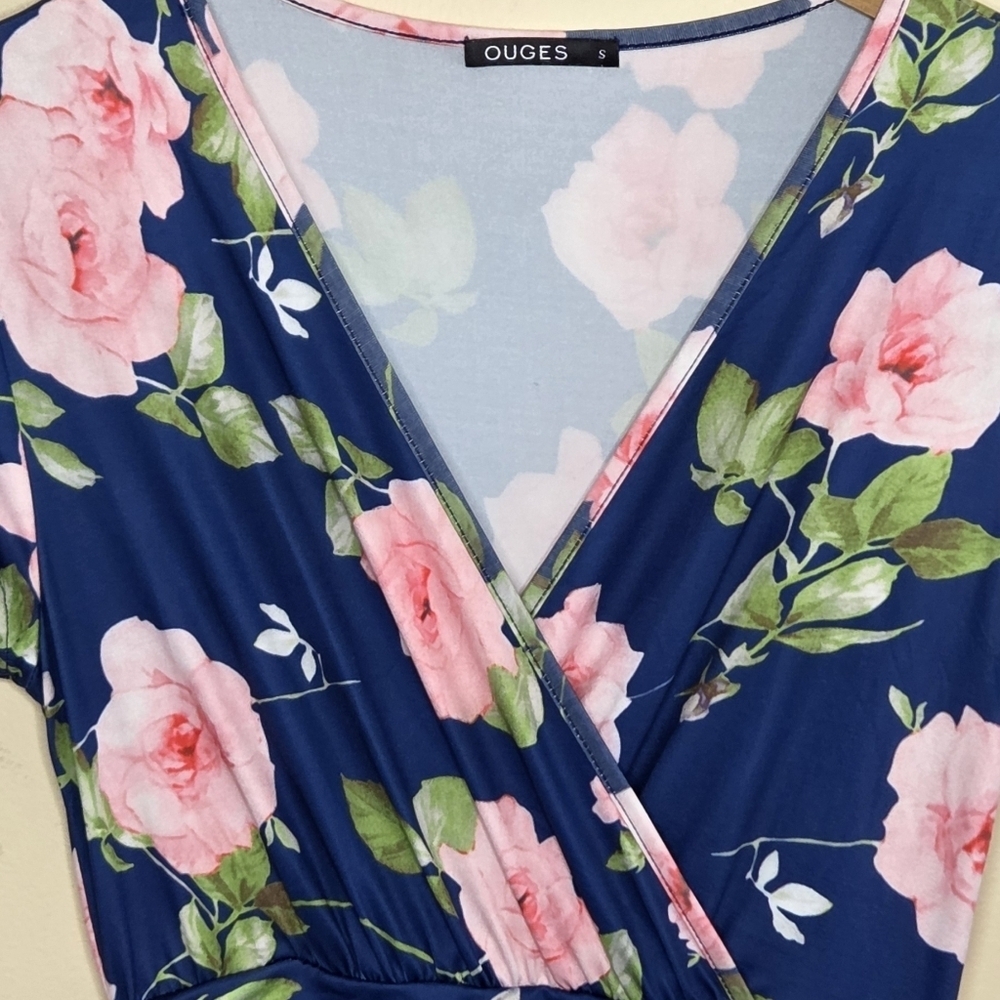 Ouges | Navy Blue Pink Floral Surplice Crossover … - image 2